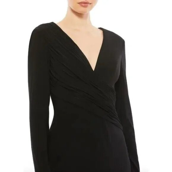 MAC DUGGAL Maxi Evening Gown Jersey Black Long Sleeve V Neck Embellished Sz. 12 - Picture 2 of 7